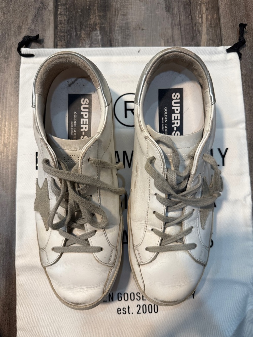 Golden Goose White Leather Sneakers WHITE/ICE with Taupe Star and Silver Heel - Picture 4 of 8